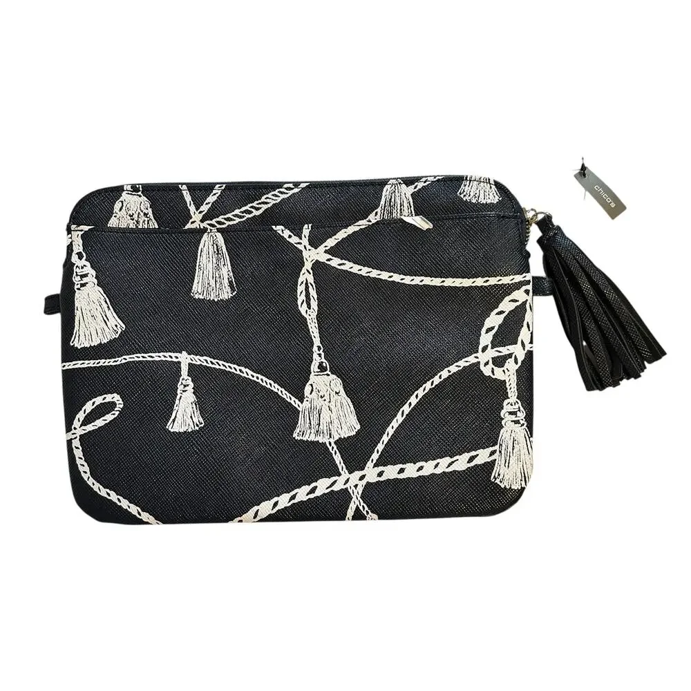 Chicos NEW Printed Tassel Tech Case Zip Pouch Navy Equestrian Print Bag NWT